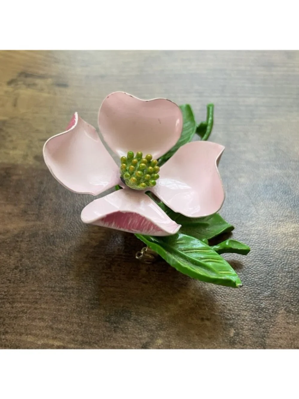 Vintage 1960s Enamel Dogwood Flower Brooch Pink Green Floral Pin Large 2.5